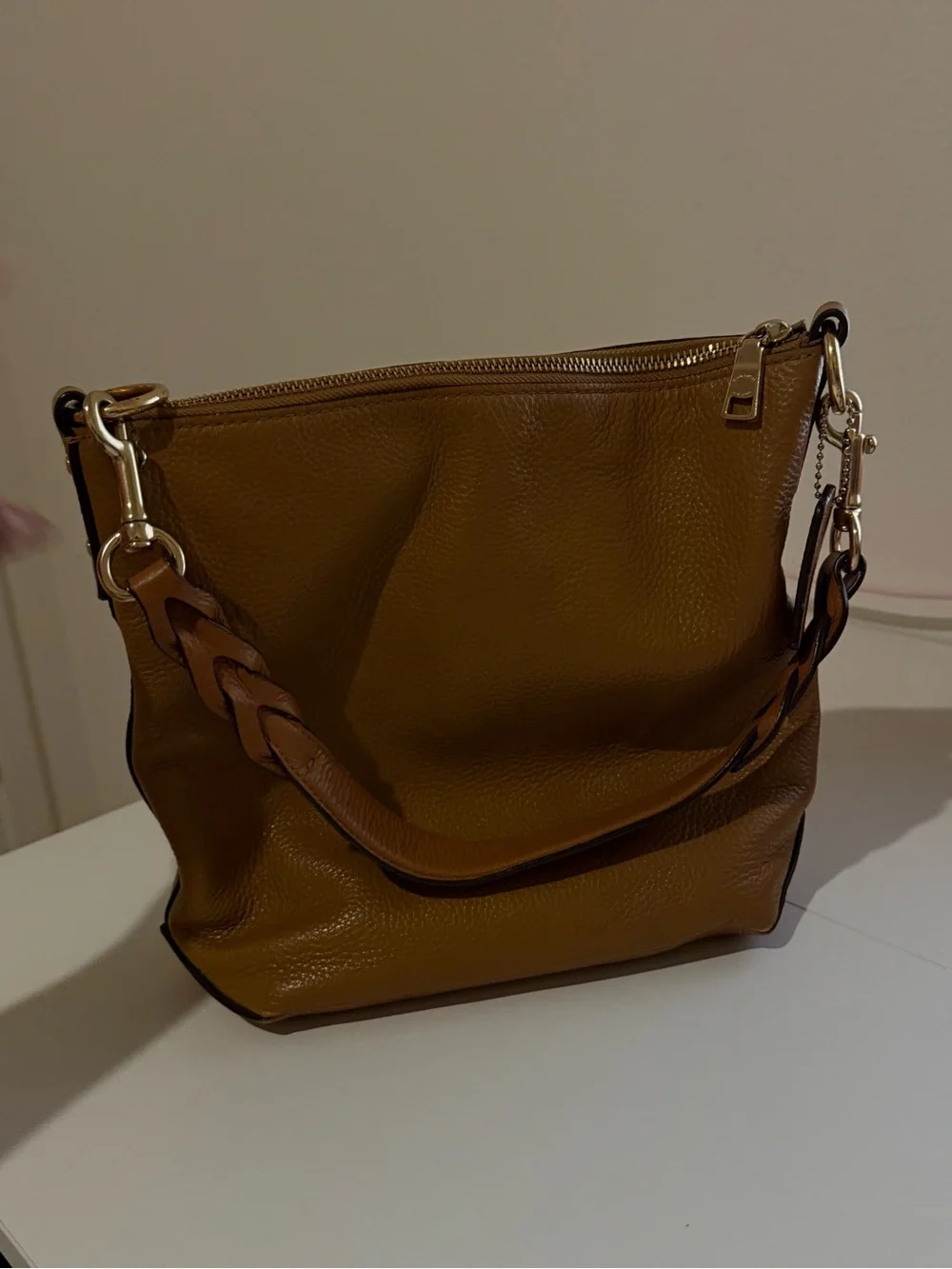 Coach Pebbled Leather Shoulder Bag in Cognac Brown with Gold Hardware
